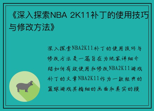 《深入探索NBA 2K11补丁的使用技巧与修改方法》